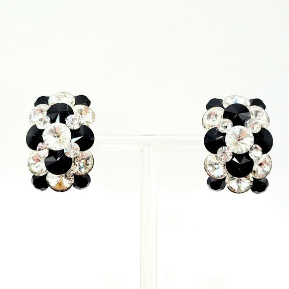 Artisan Jewelry - Super Bling Rhinestone Rivoli Earrings Artisan Made Crystal & Black Post Back